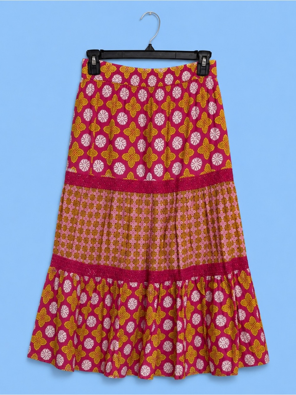 Sigrid Olsen Pink Floral Tiered Maxi Skirt with Yellow & White Accents